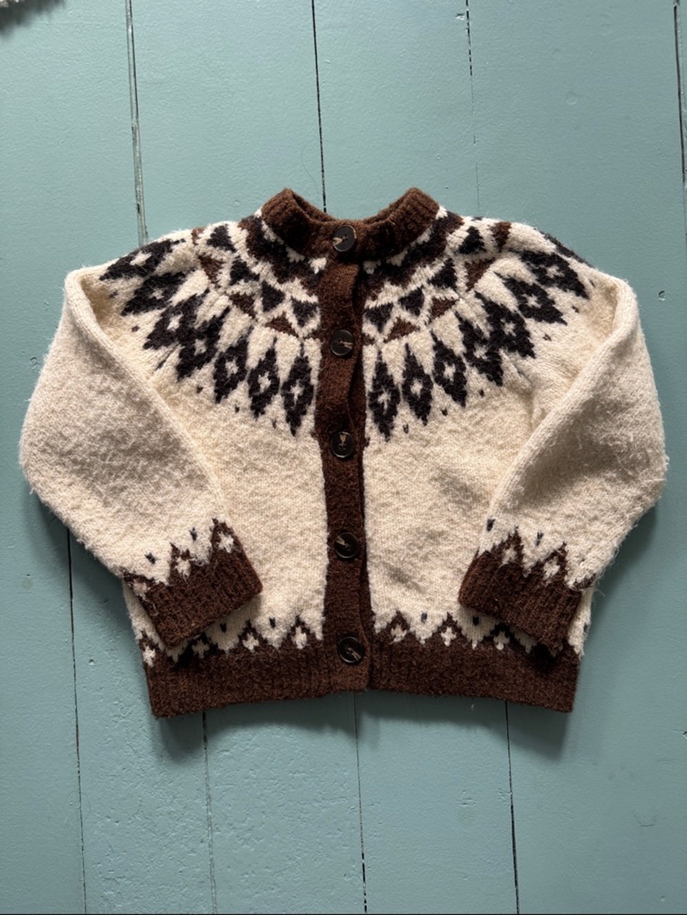Zara Cozy Brown & Cream Nordic Button-Front girls Sweater size 9/10
